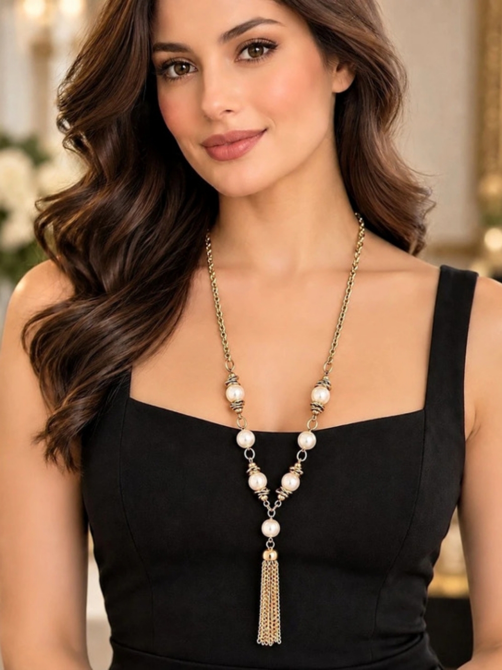 Pearl Pendant Tassel Necklace in Gold & White